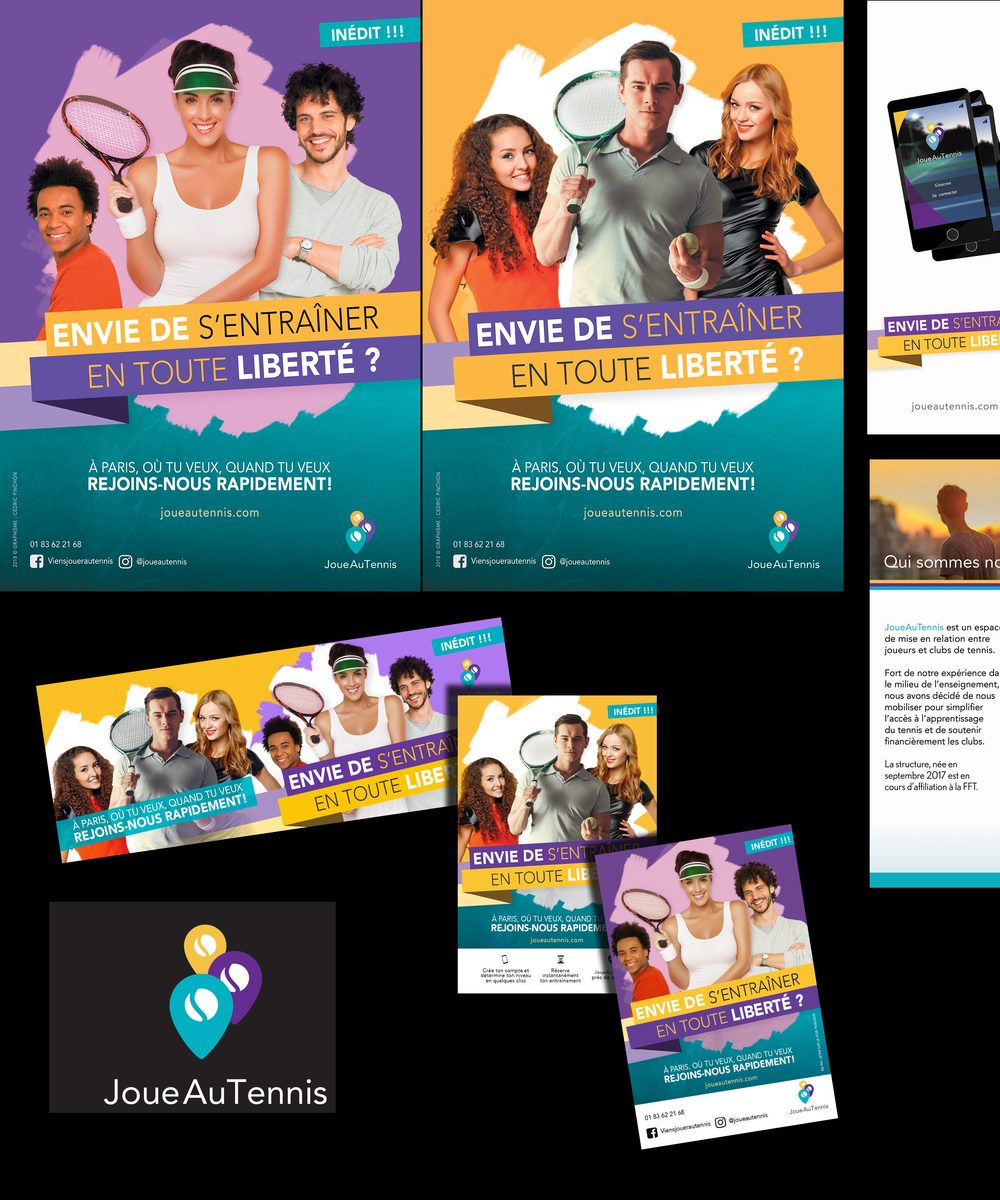 Campagne JoueAuTennis : affiches, flyers, bannière, logo et application