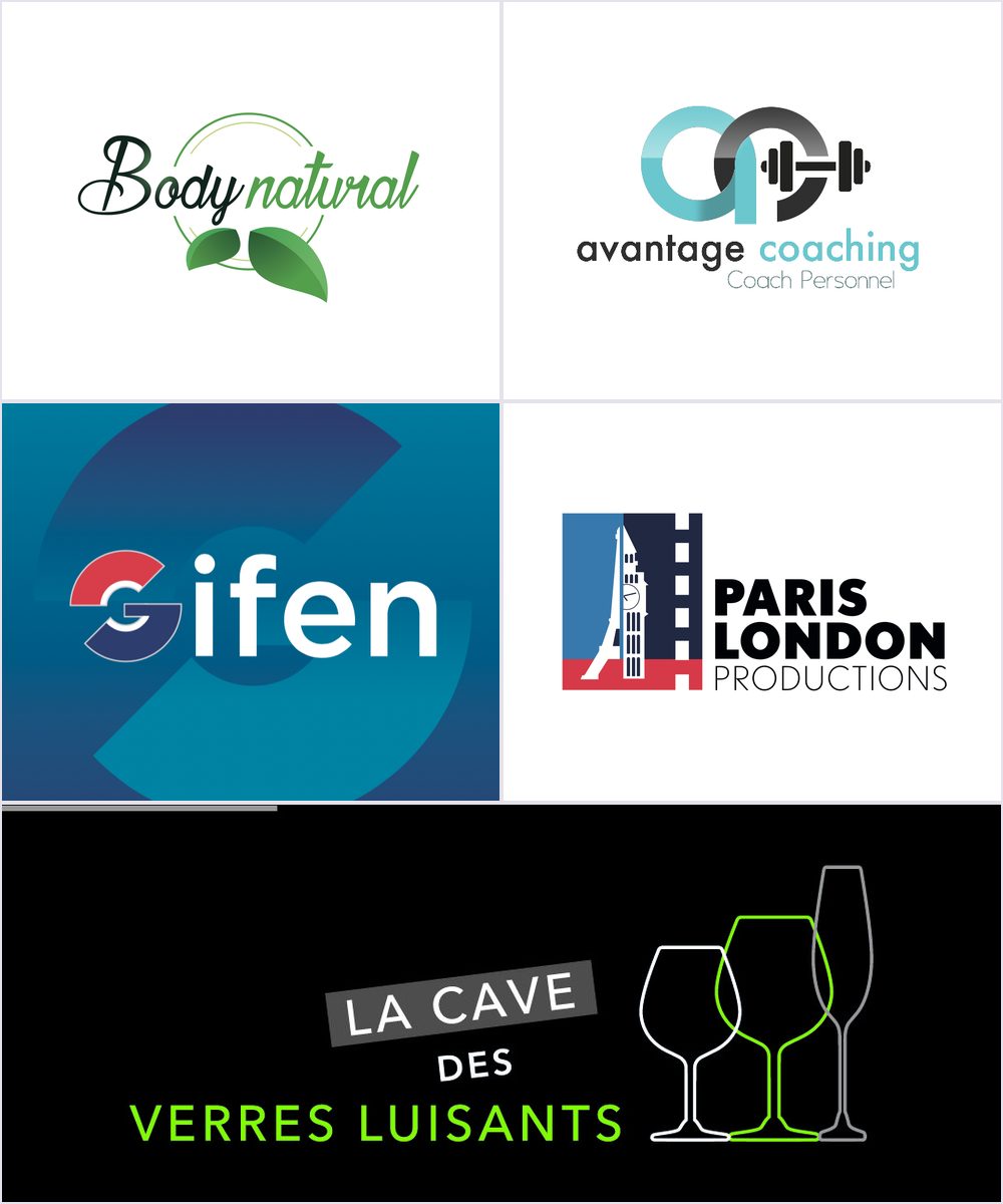 Planche de logos : Body Natural, Avantage Coaching, Gifen, Paris London Productions, La Cave des Verres Luisants